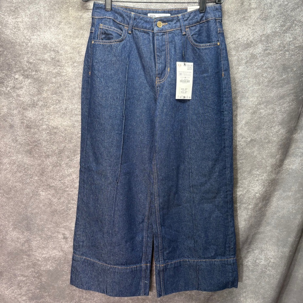Zara High Rise Wide Leg Cropped Culotte Jeans Size 6 Dark Wash Blue Sailor NWT